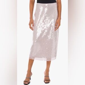 1. State Shimmer Clear Sequin Column Midi Skirt Grey Silver Mist M NWT